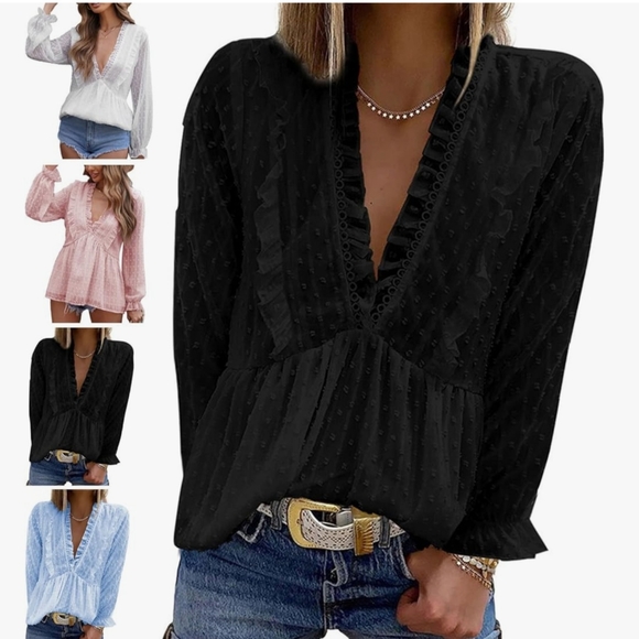 New Sky Blue Swiss Dot Chiffon V Neck Ruffle Blouse - Picture 5 of 10